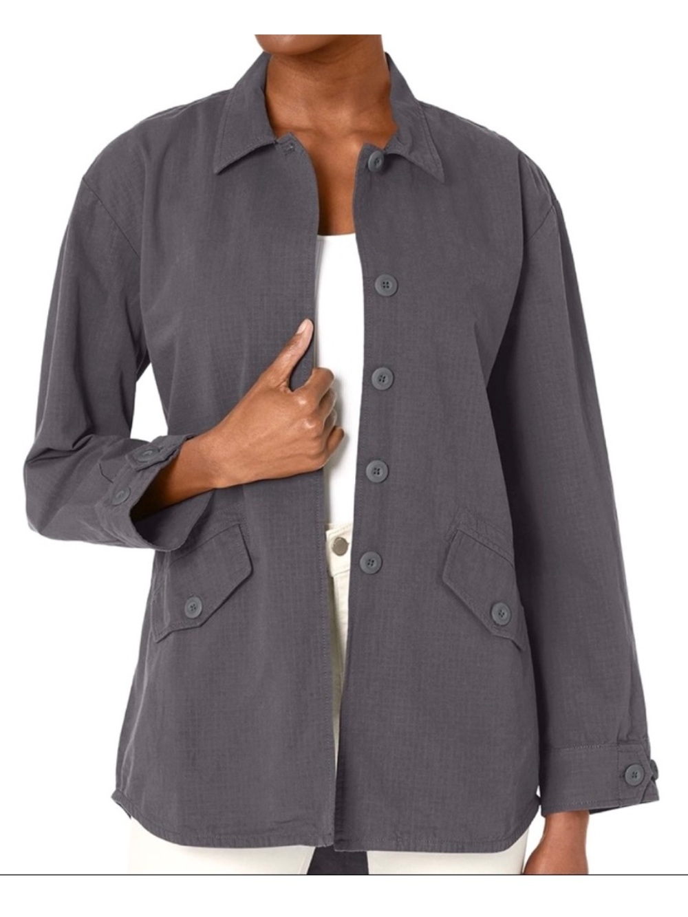 Monrow Vintage Canvas Shirt Jacket Women’s Size M Button Front Pockets Stretch
